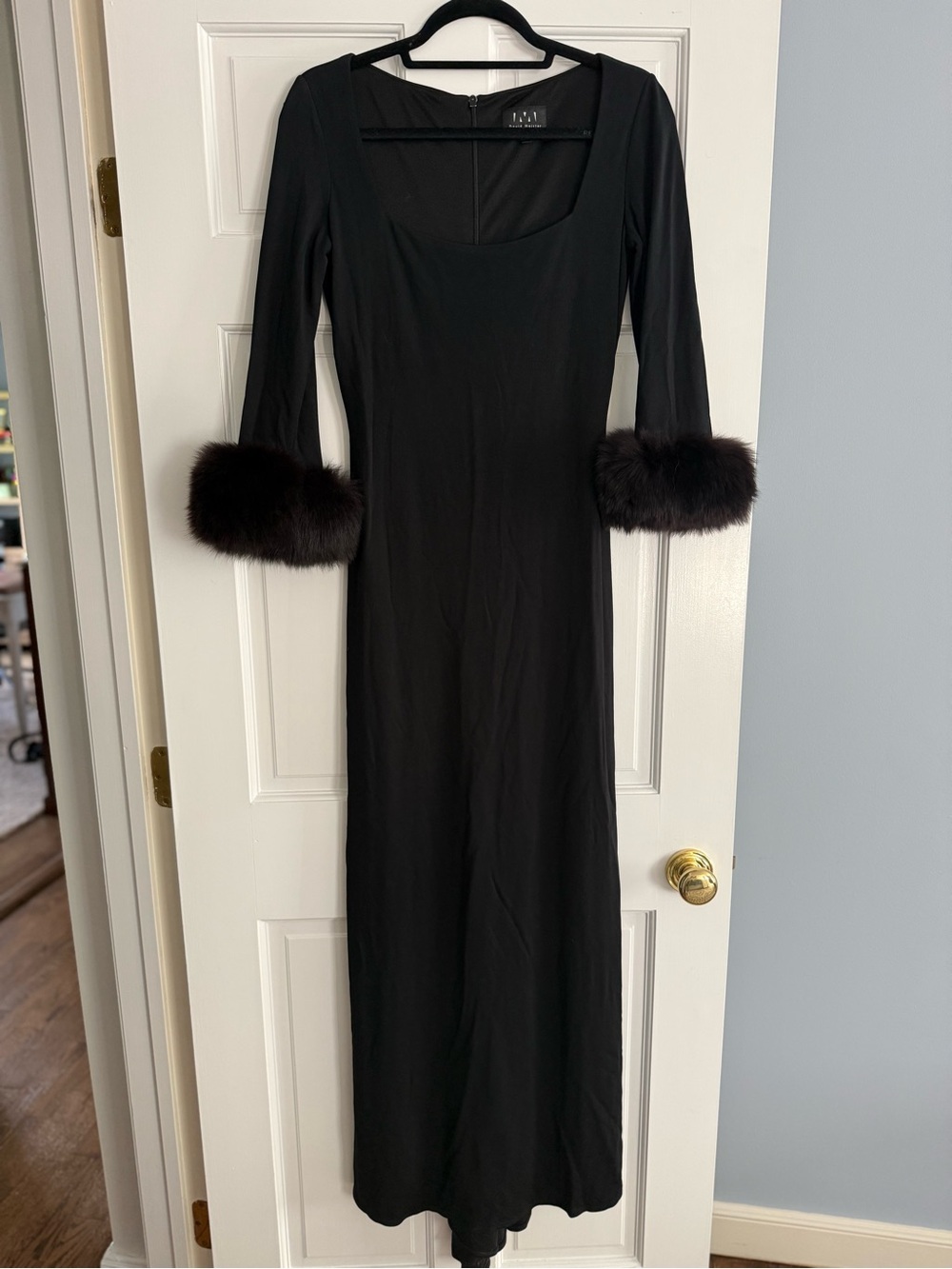 David Meister Black Maxi Dress with Faux Fur Cuffs